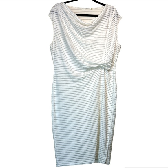 T Tahari White Twist Dress Midi sleeveless Cowlneck  sheer striped size XL - Picture 3 of 17